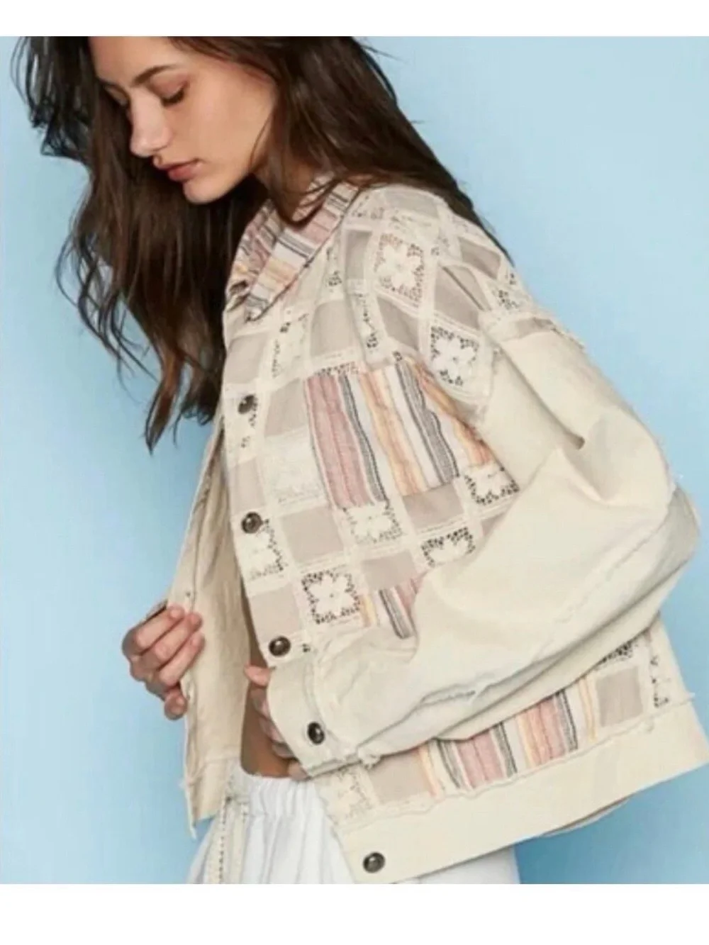 POL Patchwork Lace Trucker Jacket in Beige with Pastel Stripes